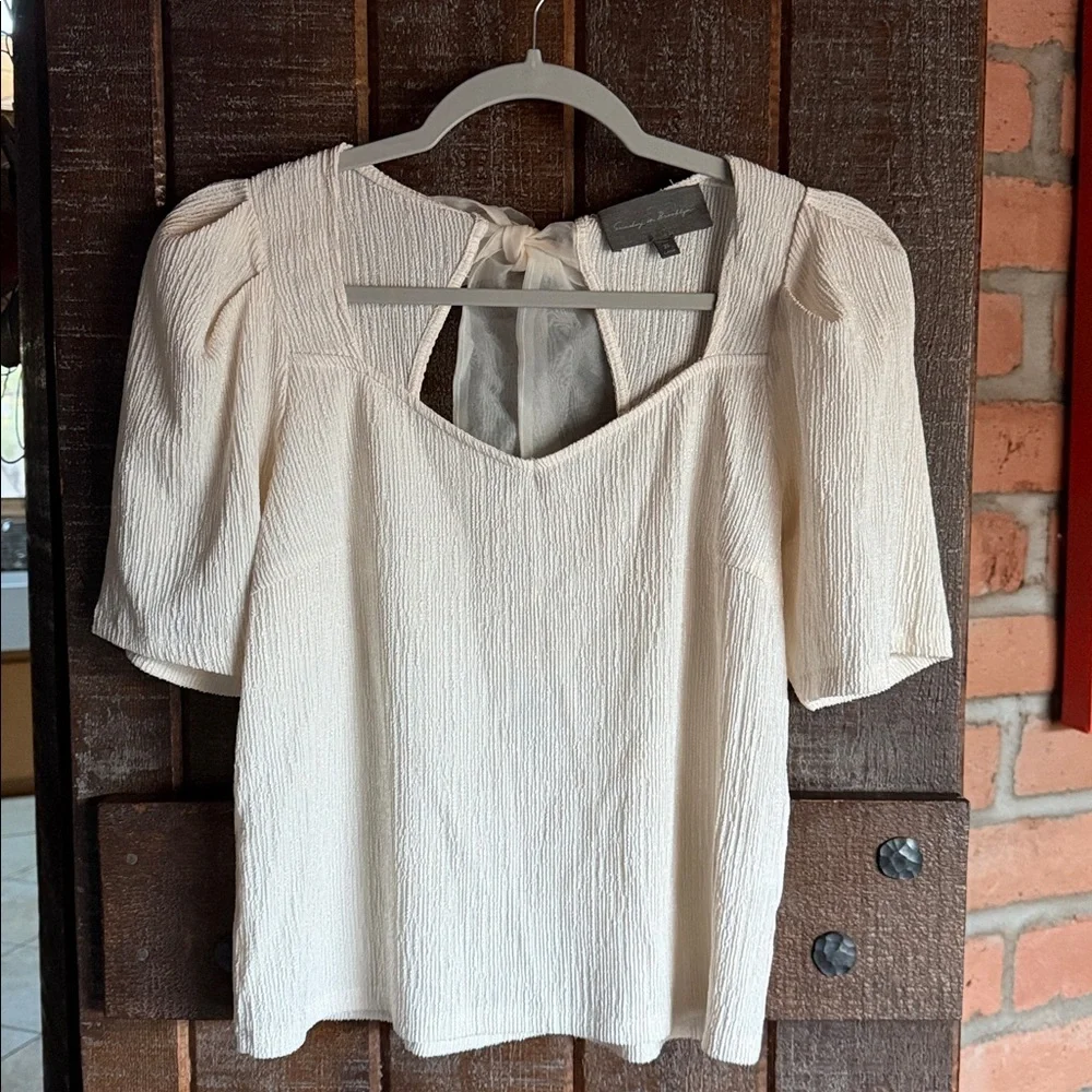 Anthro Sunday in Brooklyn size XS cream blouse ribbon tie back feminine elegant